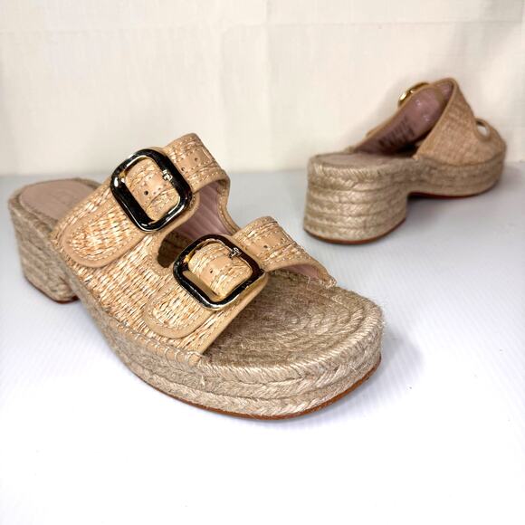 J. CREW Block Heel Espadrilles Women's 9 Buckle Raffia Jute Resortwear Beach Tan - Picture 1 of 10